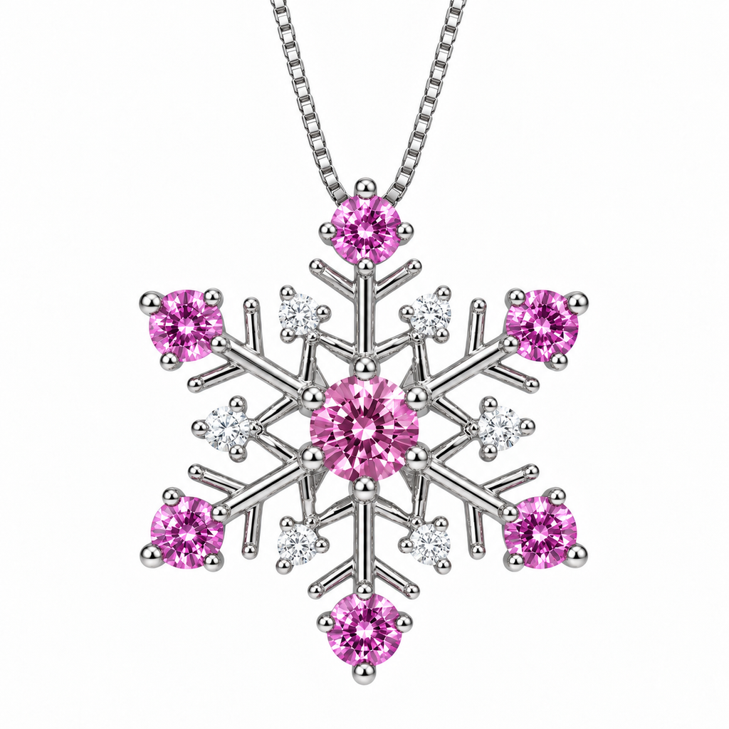 Front view of Phimsera pink moissanite snowflake necklace featuring a 4mm round brilliant pink center stone, six 3mm pink moissanite gemstones and six white cubic zirconia accents in polished 925 sterling silver.