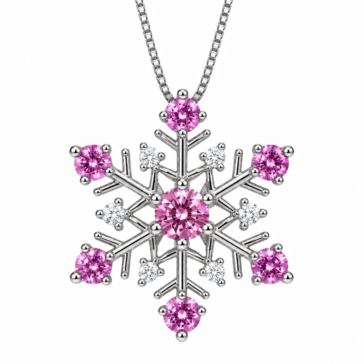 Front view of Phimsera pink moissanite snowflake necklace featuring a 4mm round brilliant pink center stone, six 3mm pink moissanite gemstones and six white cubic zirconia accents in polished 925 sterling silver.