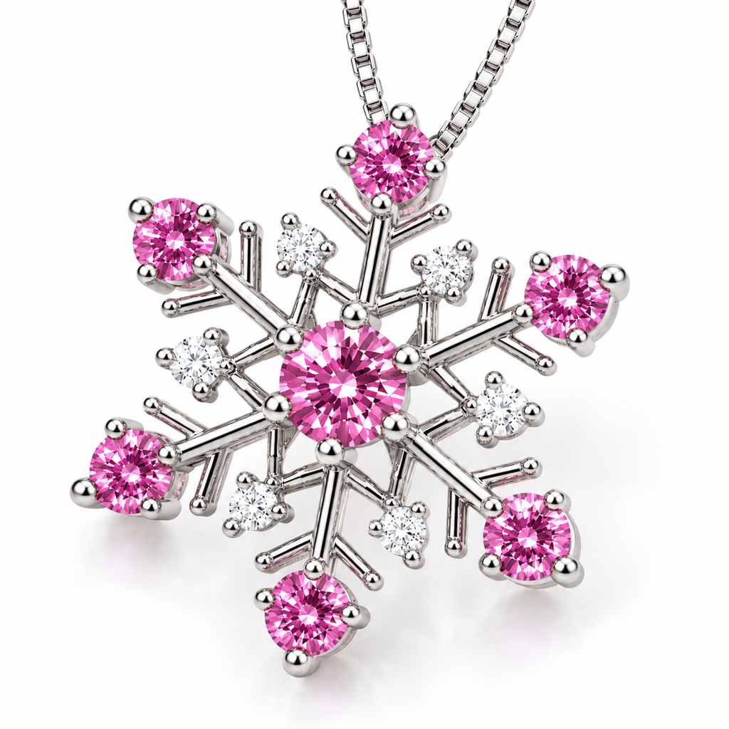 Angled view of a pink moissanite snowflake pendant necklace showing brilliant pink gemstones, six clear white cubic zirconia accents, raised prong settings and polished sterling silver branches.