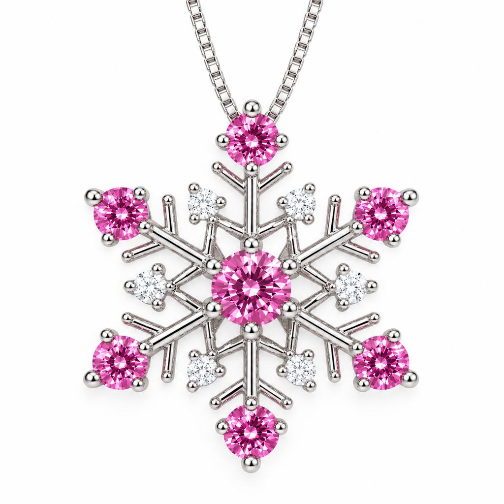 Detailed top-down view of a six-point pink moissanite snowflake necklace with a 4mm center gemstone, six matching 3mm pink moissanite stones and six sparkling white CZ accents.