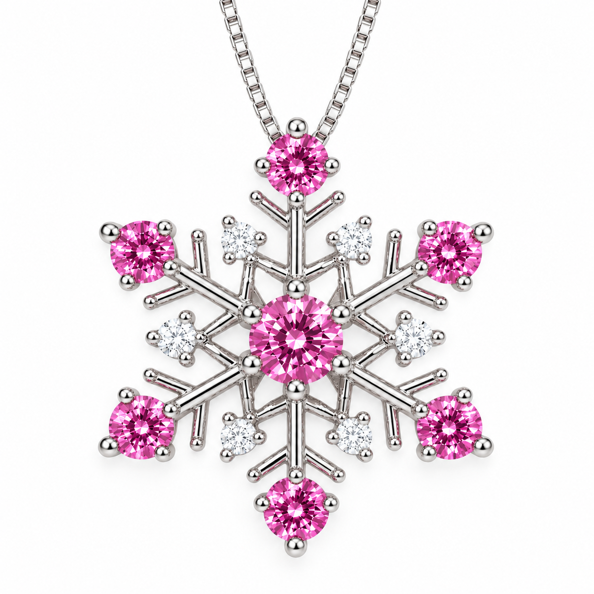 Detailed top-down view of a six-point pink moissanite snowflake necklace with a 4mm center gemstone, six matching 3mm pink moissanite stones and six sparkling white CZ accents.