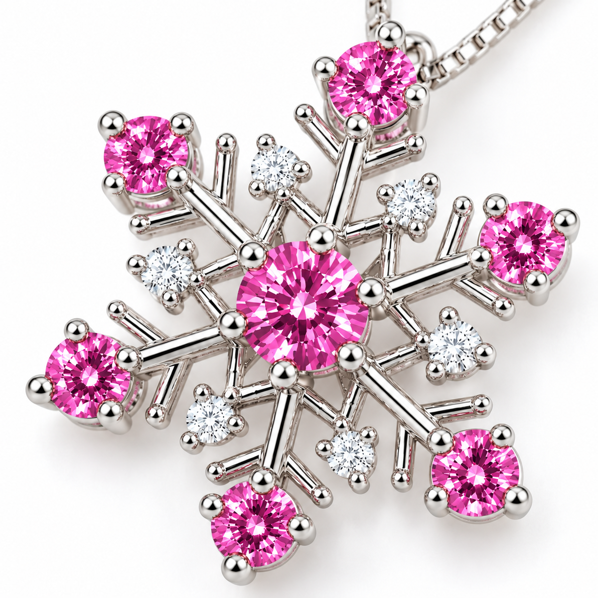 Extreme macro photograph of a pink moissanite snowflake pendant showcasing the brilliant 4mm pink center gemstone, six 3mm pink stones, clear white CZ accents and intricate silver setting.
