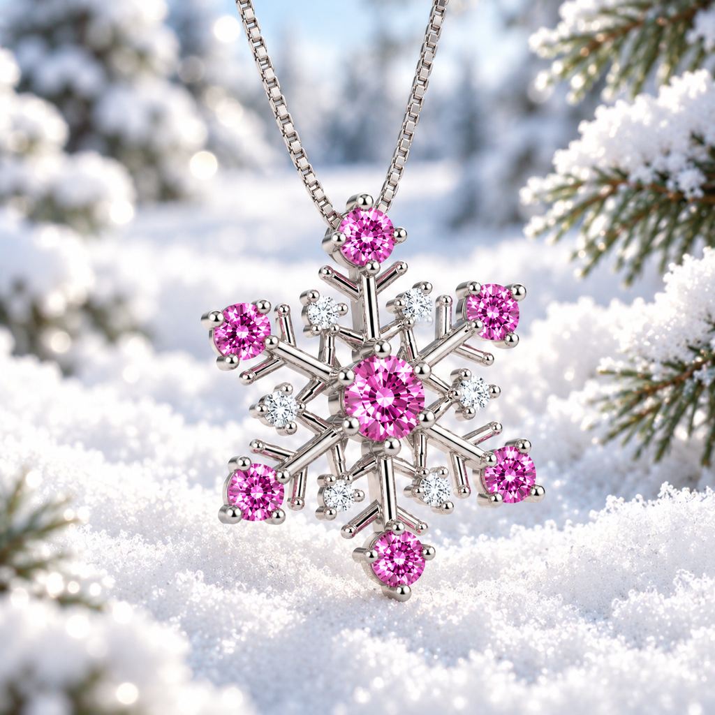 Angled lifestyle photograph of a pink moissanite snowflake necklace surrounded by brilliant white snow, frosted evergreen branches and soft winter bokeh highlighting its pink gemstones.
