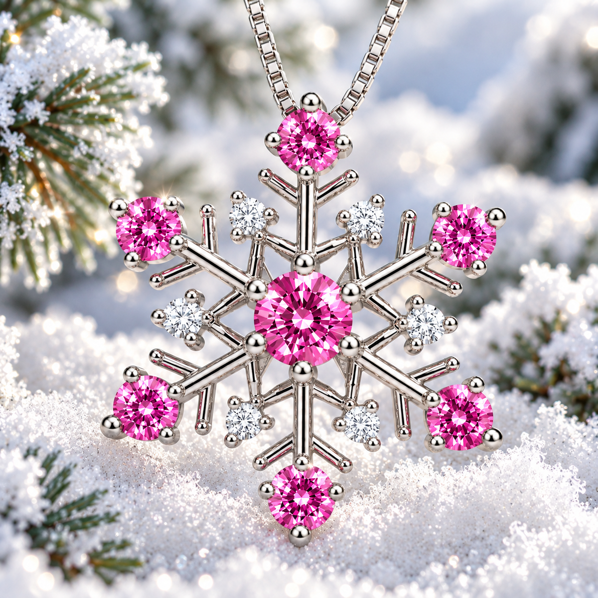 Close-up winter lifestyle photograph of a pink moissanite snowflake pendant with a sparkling pink center gemstone, six matching pink stones and six white cz accents against snowy pine trees.