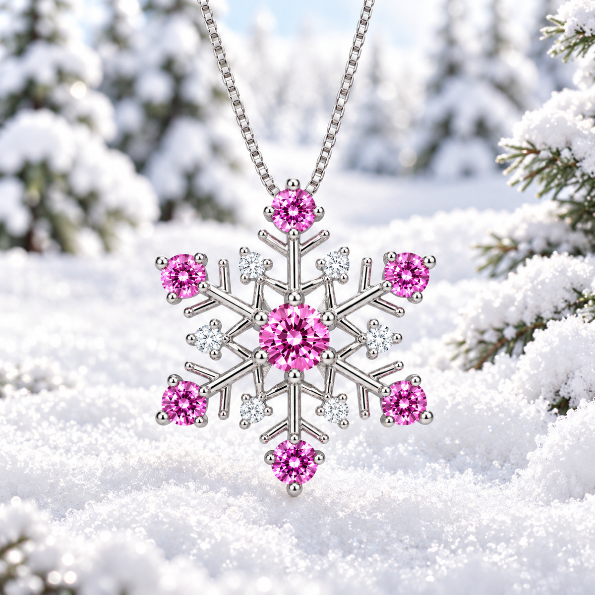 Pink moissanite snowflake pendant necklace displayed over a pure white snowy winter landscape with softly blurred snow-covered pine trees and sparkling white cubic zirconia accents.