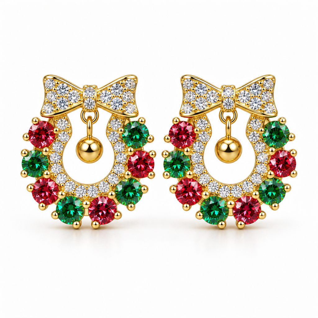 Front view of Phimsera Christmas wreath earrings featuring 3mm round brilliant red and green moissanite gemstones, sparkling white cubic zirconia bows and dangling gold ornaments in gold-plated 925 sterling silver.