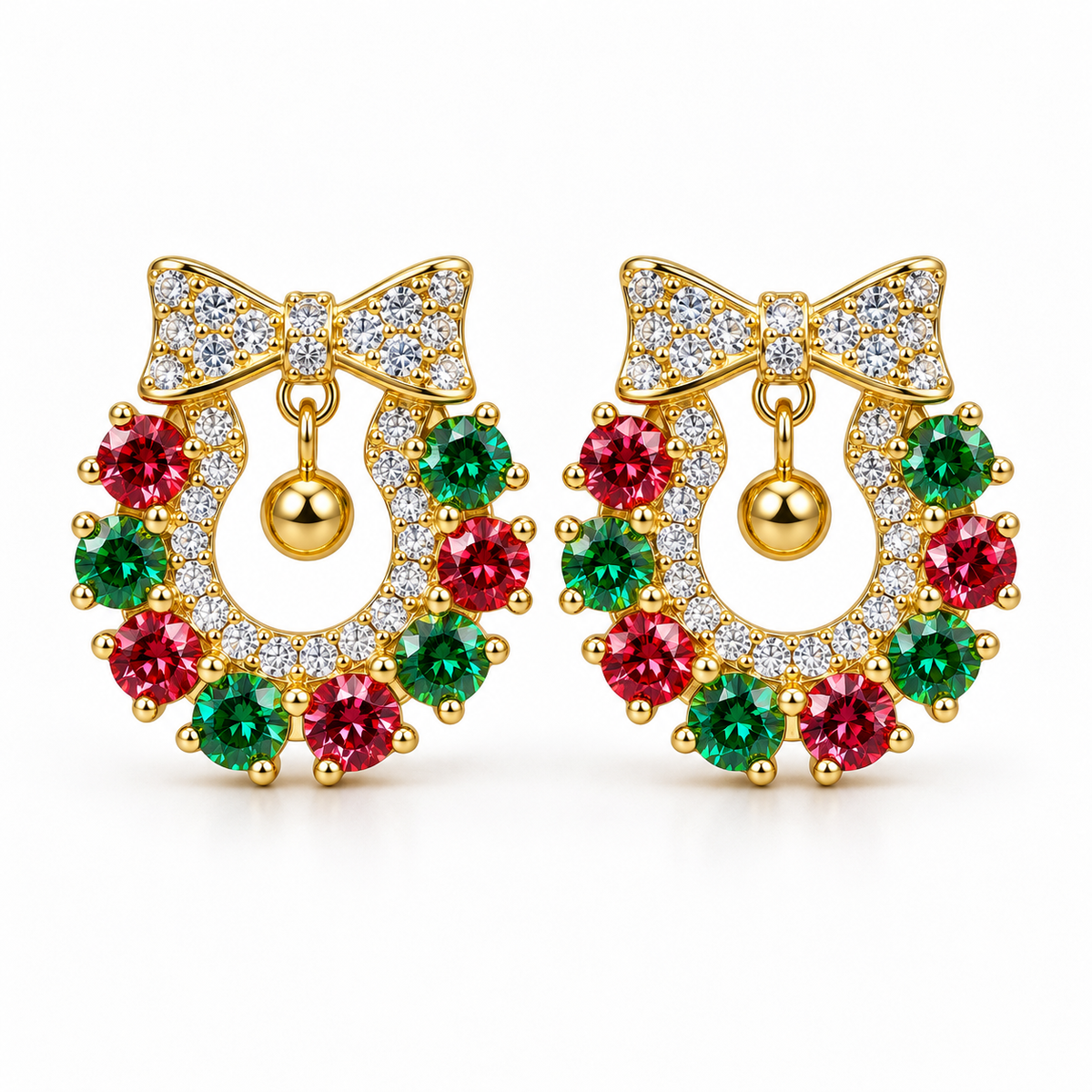 Front view of Phimsera Christmas wreath earrings featuring 3mm round brilliant red and green moissanite gemstones, sparkling white cubic zirconia bows and dangling gold ornaments in gold-plated 925 sterling silver.