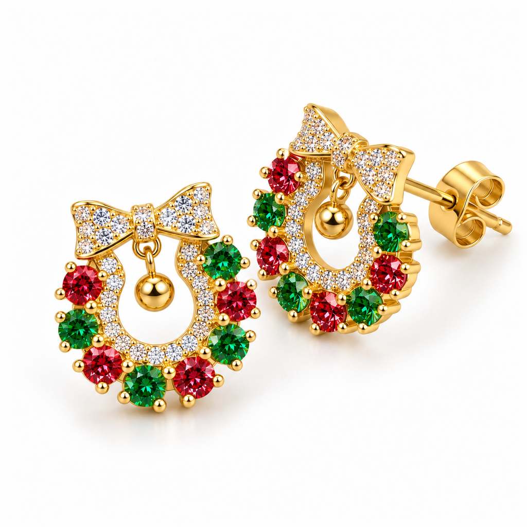 Three-quarter view of gold-plated Christmas wreath stud earrings with brilliant 3mm red and green moissanite stones, clear white cubic zirconia accents and visible post fastening.