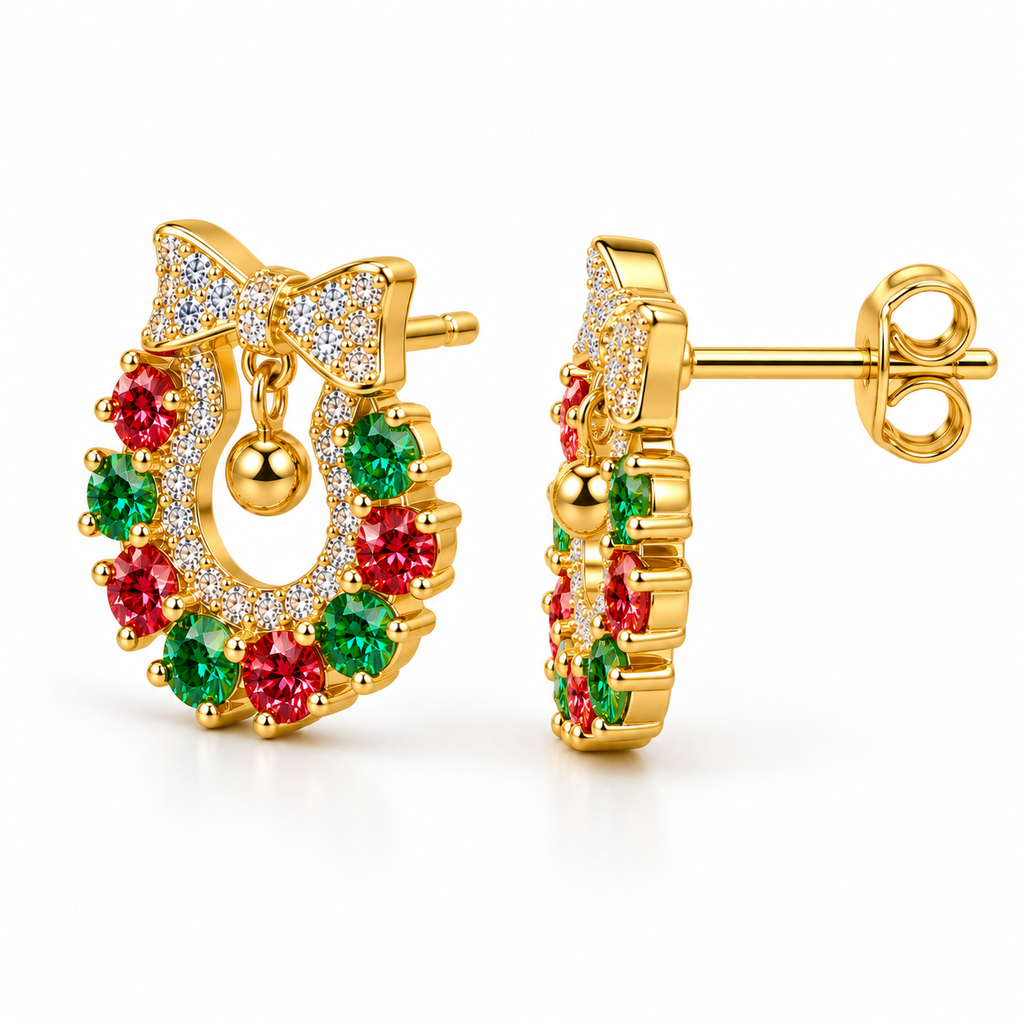 Side profile of Christmas wreath moissanite earrings showing gold-plated sterling silver construction, raised red and green gemstone settings, decorative CZ bow, straight posts and butterfly backs.