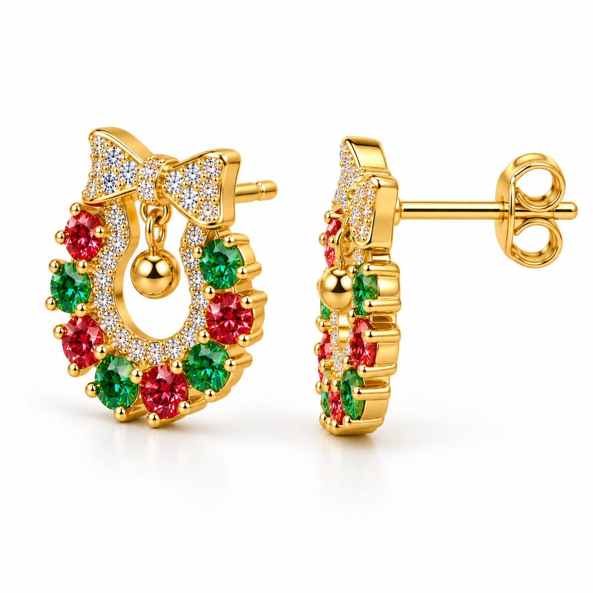 Side profile of Christmas wreath moissanite earrings showing gold-plated sterling silver construction, raised red and green gemstone settings, decorative CZ bow, straight posts and butterfly backs.