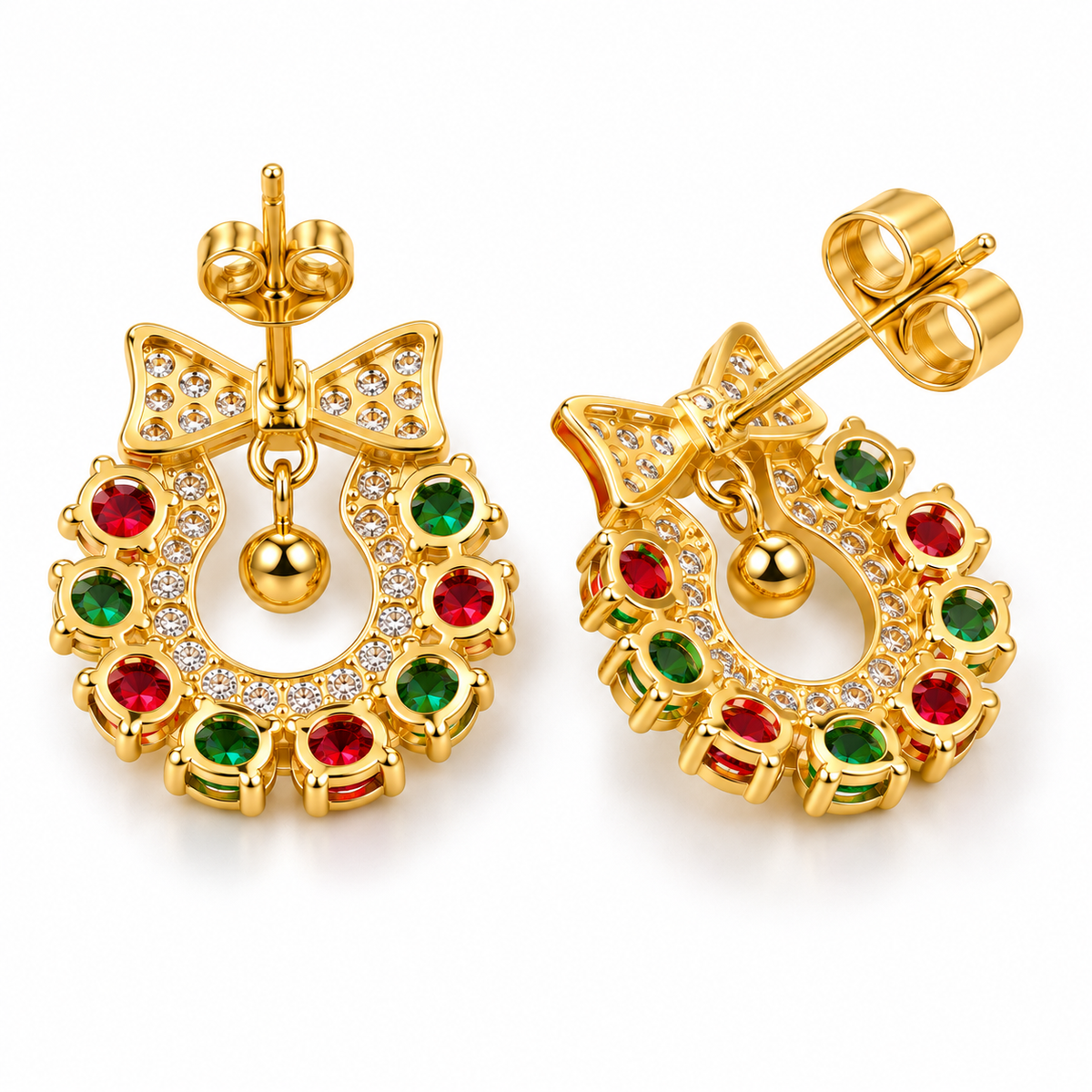 Back and angled view of gold-plated Christmas wreath stud earrings showing the gemstone basket settings, polished sterling silver framework, straight earring posts and butterfly closures.