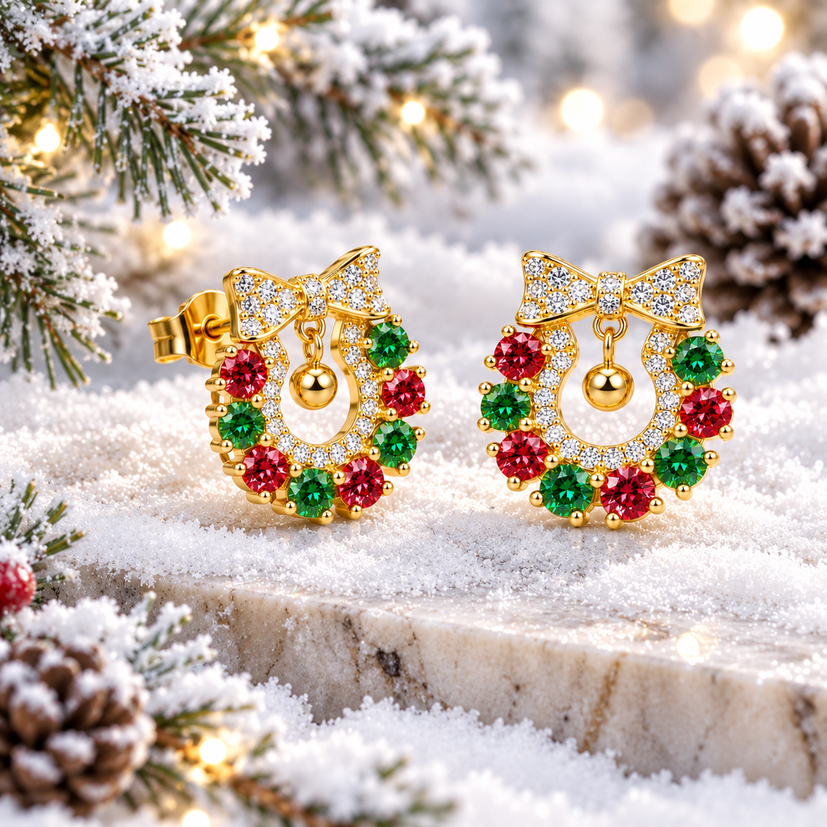 Angled winter lifestyle photograph of gold Christmas wreath earrings with red and green moissanite gemstones resting on snow-covered marble among frosted evergreen branches and warm holiday lights.