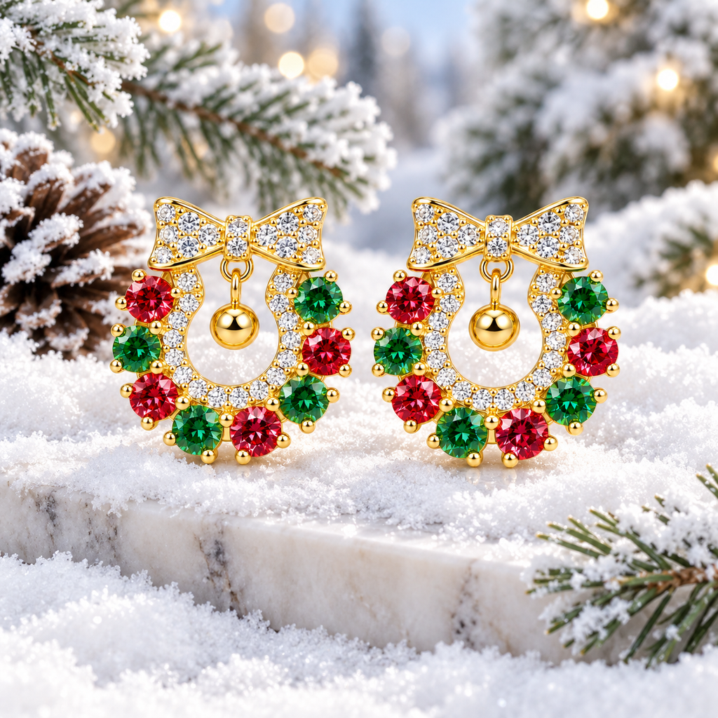 Red and green moissanite Christmas wreath earrings displayed on sparkling white snow with frosted pine branches, snowy pinecones and warm Christmas lights in a festive winter setting.