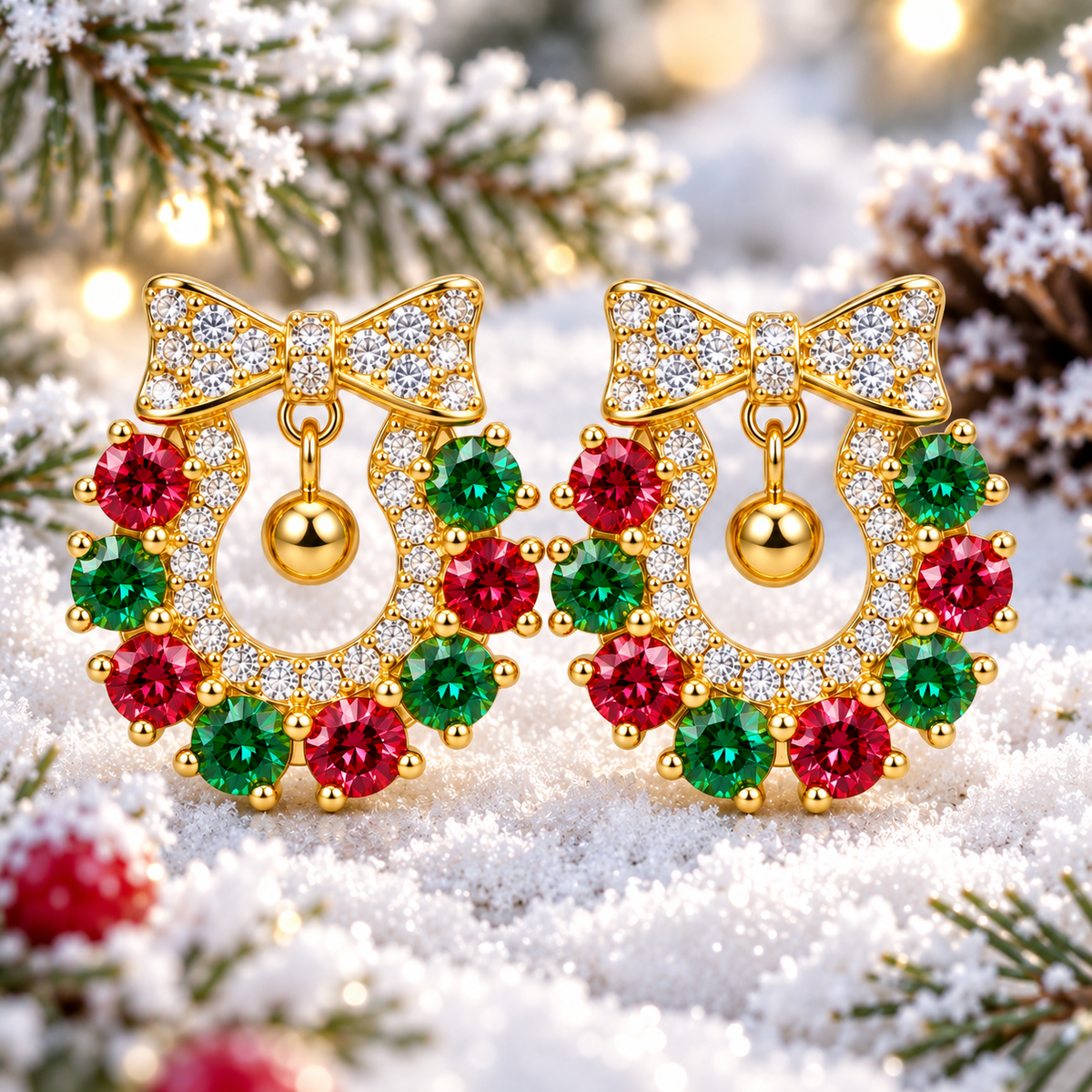 Close-up frontal view of red and green moissanite Christmas wreath earrings showcasing sparkling 3mm gemstones, clear CZ bows and polished gold ornaments against white snow and frosted pine trees.