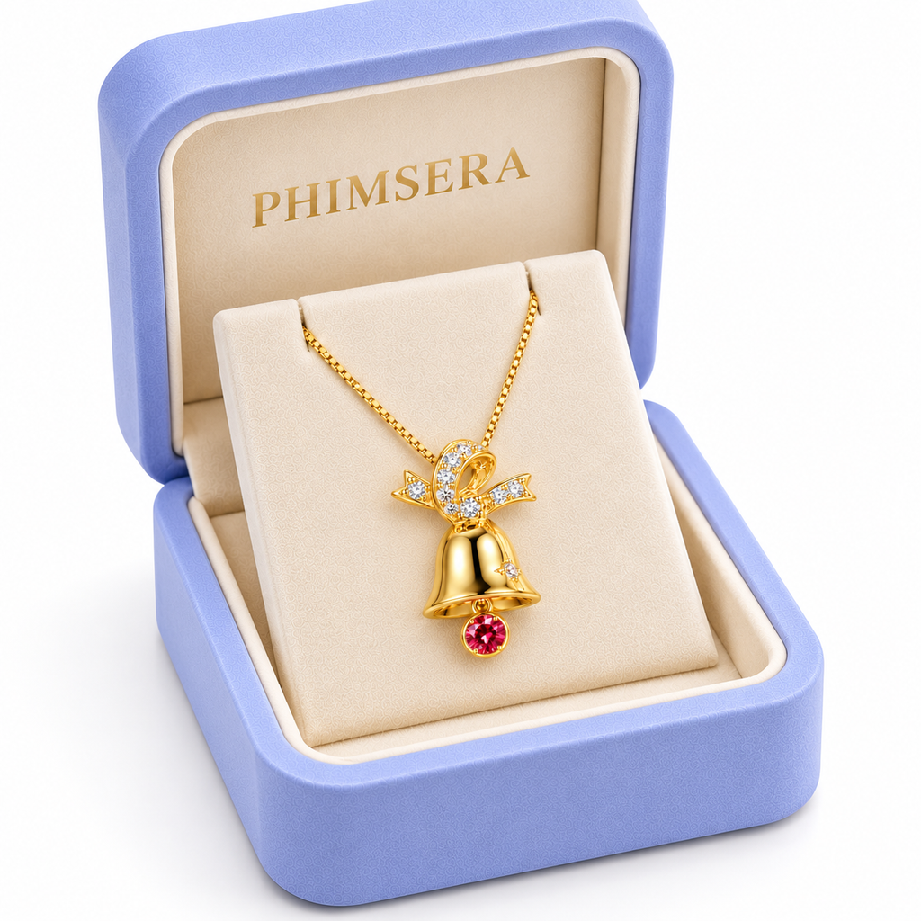 Three-quarter view of a gold Christmas bell pendant necklace with sparkling CZ bow and red moissanite gemstone presented inside a periwinkle Phimsera jewelry gift box.