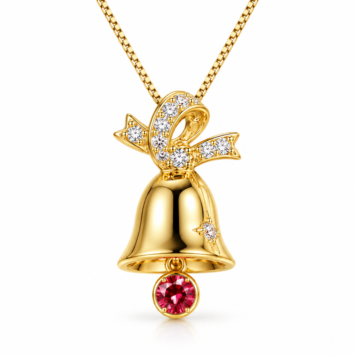 Front view of Phimsera Christmas bell pendant necklace featuring a 3mm round brilliant red moissanite gemstone, sparkling white CZ bow and polished gold-plated 925 sterling silver on a pure white background.