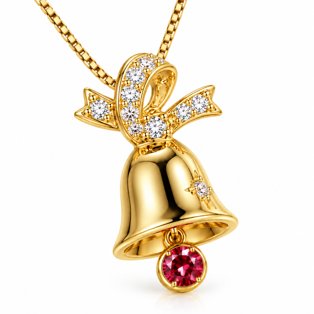 Angled view of gold-plated Christmas bell necklace showing the polished bell, clear cubic zirconia ribbon bow, star accent and dangling round red moissanite gemstone.