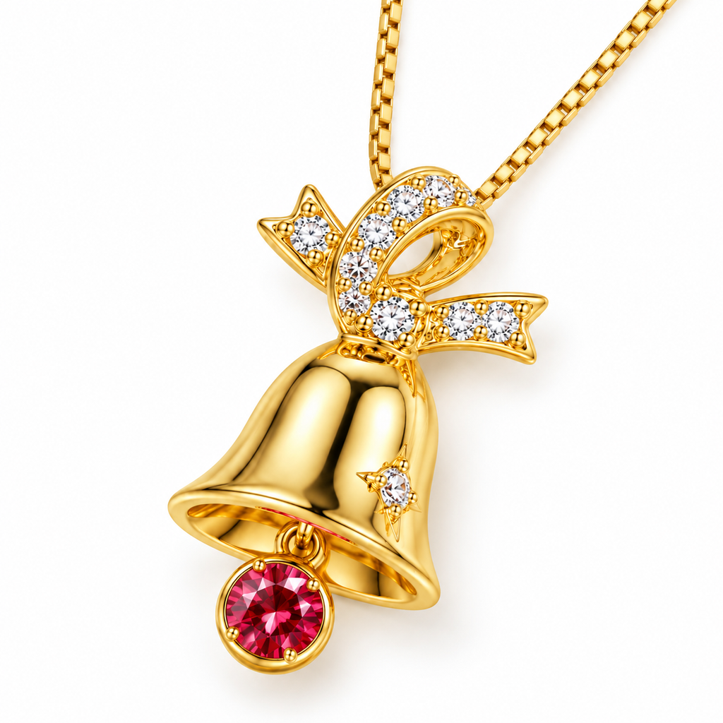 Three-quarter view of red moissanite Christmas bell pendant necklace highlighting the decorative gold bow, brilliant white CZ accents and suspended red gemstone against a white background.