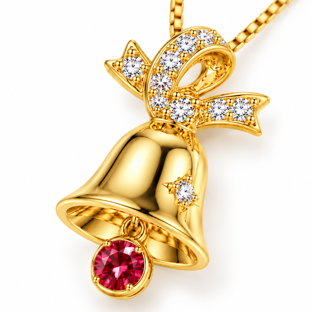 Extreme macro photograph of Christmas bell necklace showcasing sparkling clear CZ gemstones in the gold bow, reflective bell surface, star accent and brilliant red moissanite clapper.