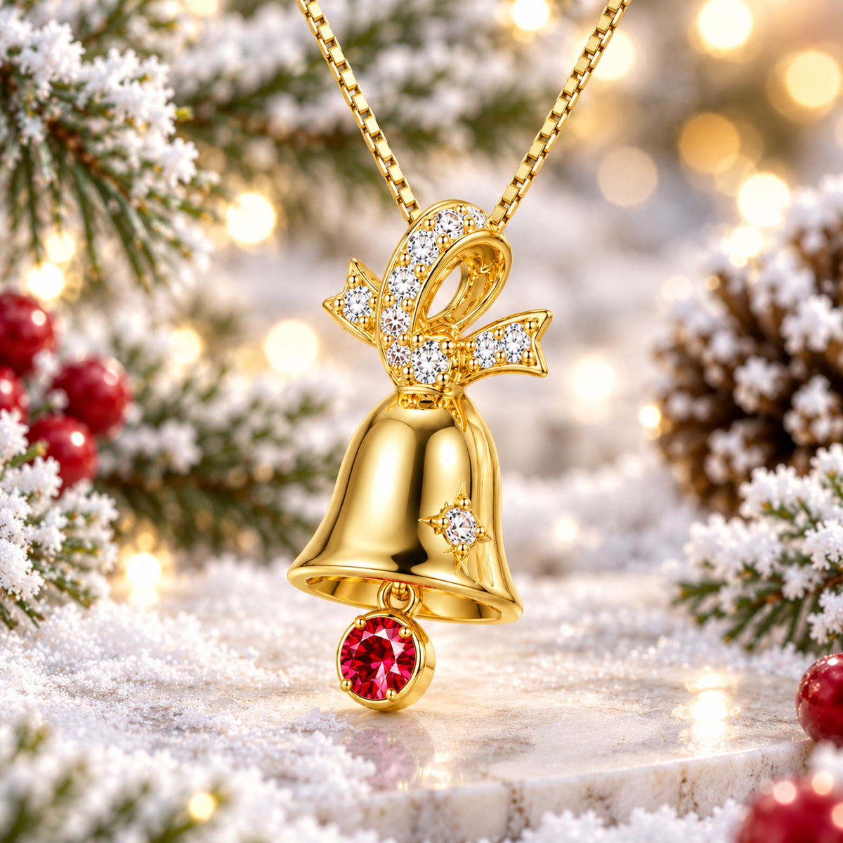 Angled view of a gold-plated Christmas bell pendant necklace surrounded by snow-covered evergreens, red holiday berries and warm festive lights on white marble.