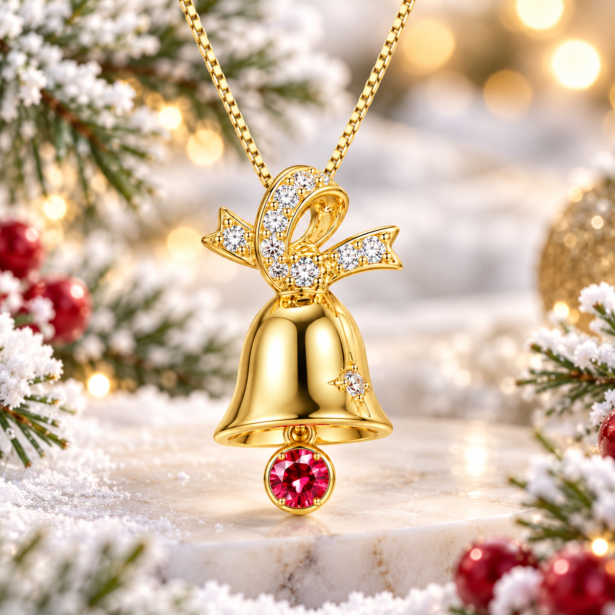 Gold Christmas bell necklace featuring a 3mm red moissanite gemstone and sparkling CZ bow displayed against snowy pine branches, red berries and softly glowing Christmas lights.
