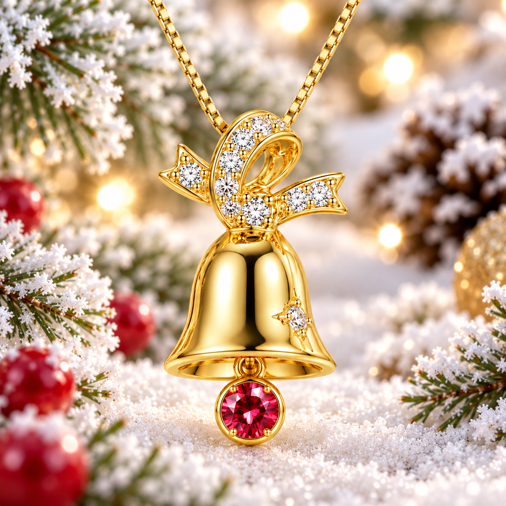 Close-up frontal photograph of a red moissanite Christmas bell pendant highlighting the brilliant red gemstone, sparkling white CZ ribbon bow and polished gold surface in a snowy winter setting.