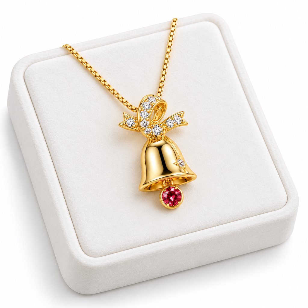 Angled white velvet tray presentation of a gold Christmas bell necklace with a sparkling cubic zirconia bow, polished bell pendant and dangling red moissanite gemstone.
