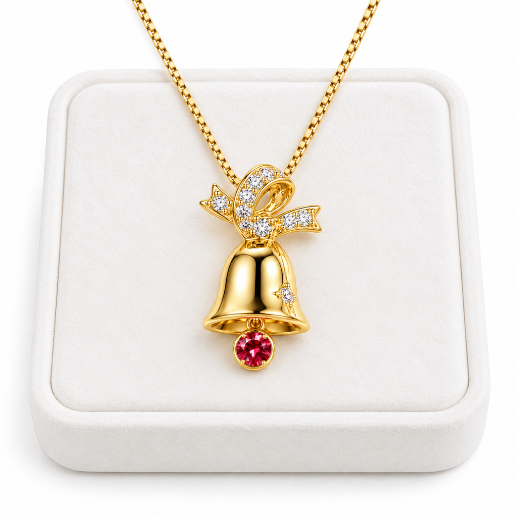 Gold-plated Christmas bell pendant necklace with a brilliant 3mm red moissanite gemstone displayed on a premium white velvet jewelry tray against a pure white background.
