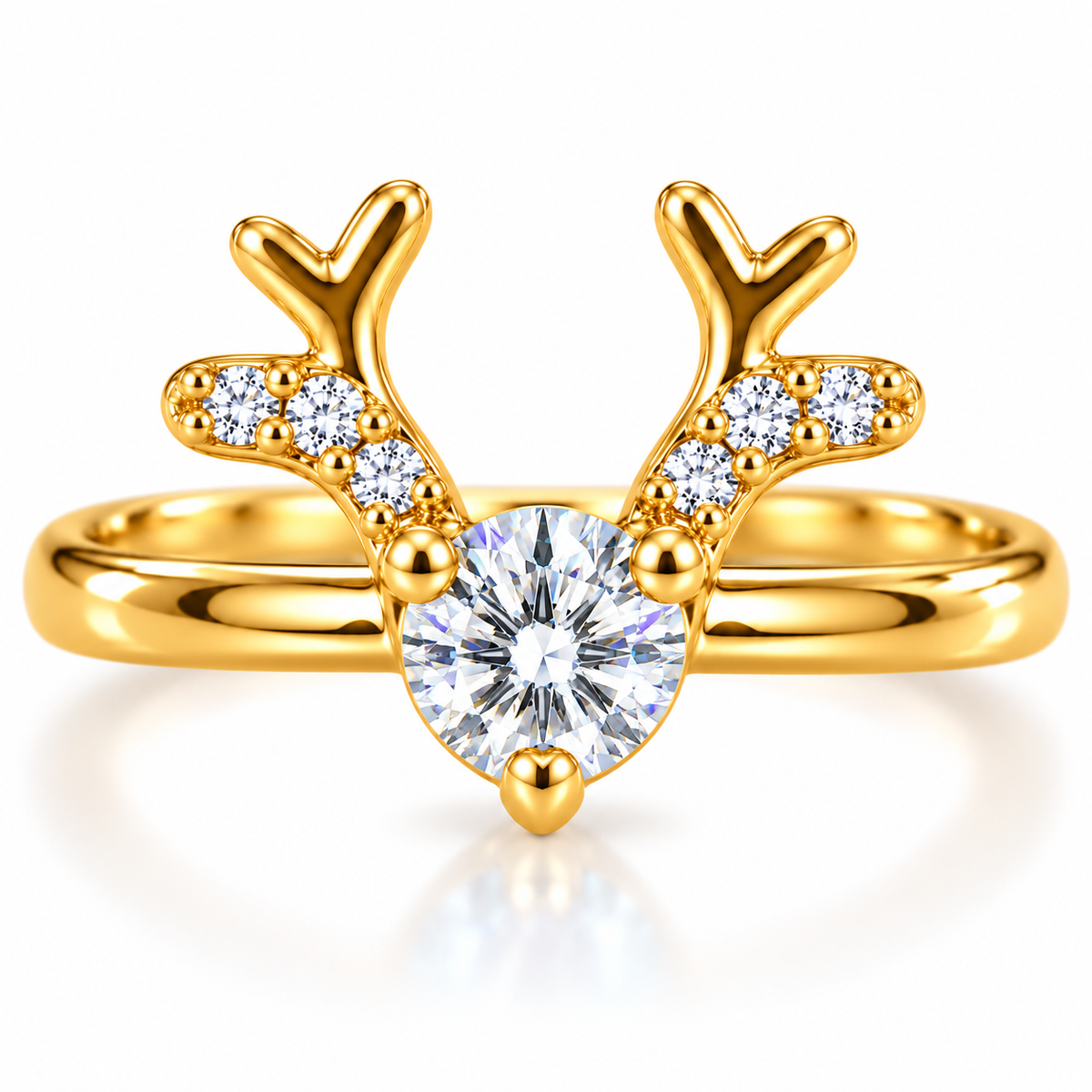 Phimsera 4mm round white moissanite Christmas reindeer antler ring in gold-plated 925 sterling silver with three gold prongs and sparkling cubic zirconia accents on a white background.