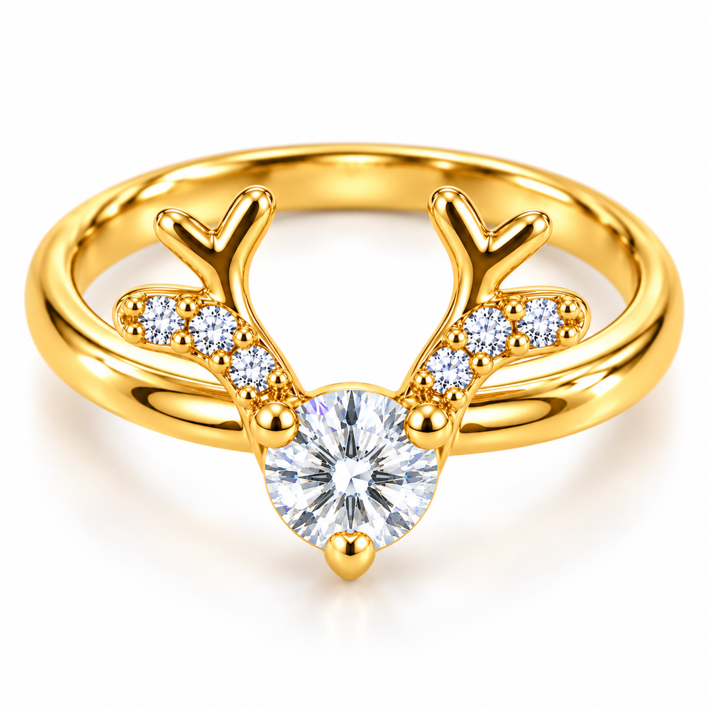 Top-down view of a white moissanite Christmas reindeer ring showing the round 4mm center gemstone, three-prong setting, gold antlers, and six clear cubic zirconia accents.