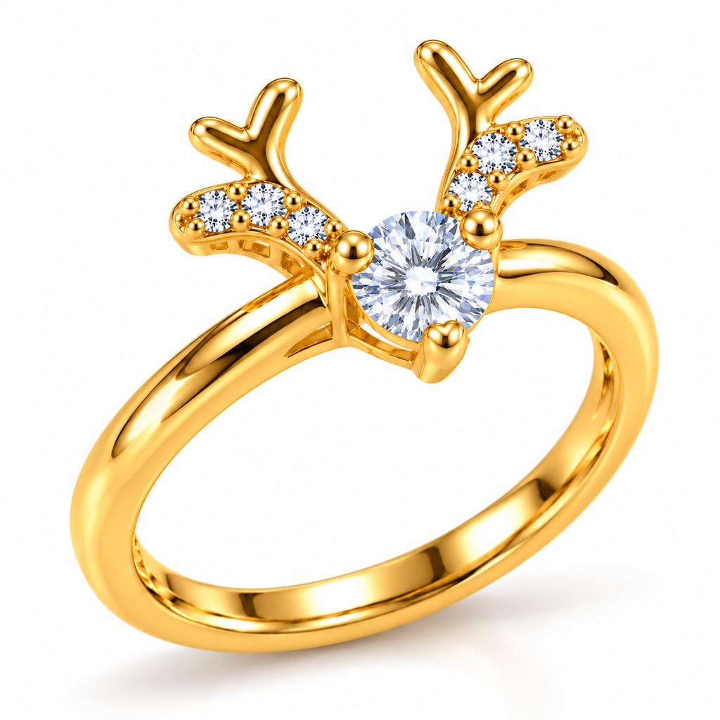 Three-quarter side profile of a gold reindeer antler ring showing the raised 4mm white moissanite setting, polished sterling silver band, and sparkling CZ antler details.