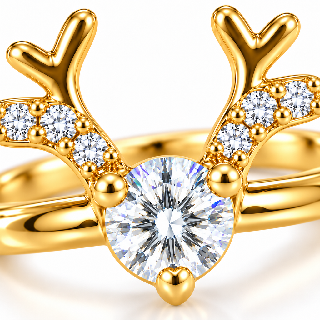Macro close-up of a brilliant round white moissanite gemstone secured by three polished gold prongs between symmetrical reindeer antlers with sparkling cubic zirconia.
