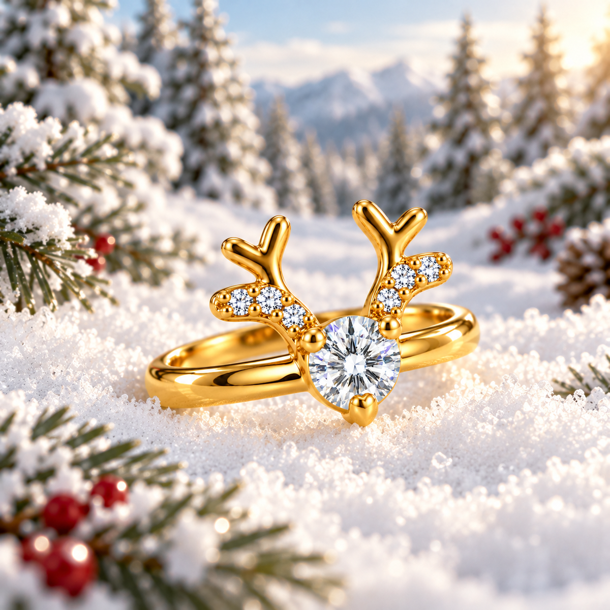 Angled view of a white moissanite Christmas reindeer ring resting in bright snow with frosted evergreen trees, small red berries, and soft winter sunlight.