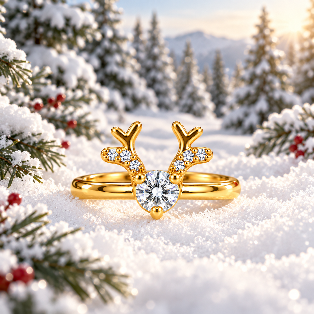 Front view of a gold Christmas reindeer antler ring with brilliant white moissanite resting on sparkling white snow surrounded by snow-covered pine trees and subtle red holly berries.