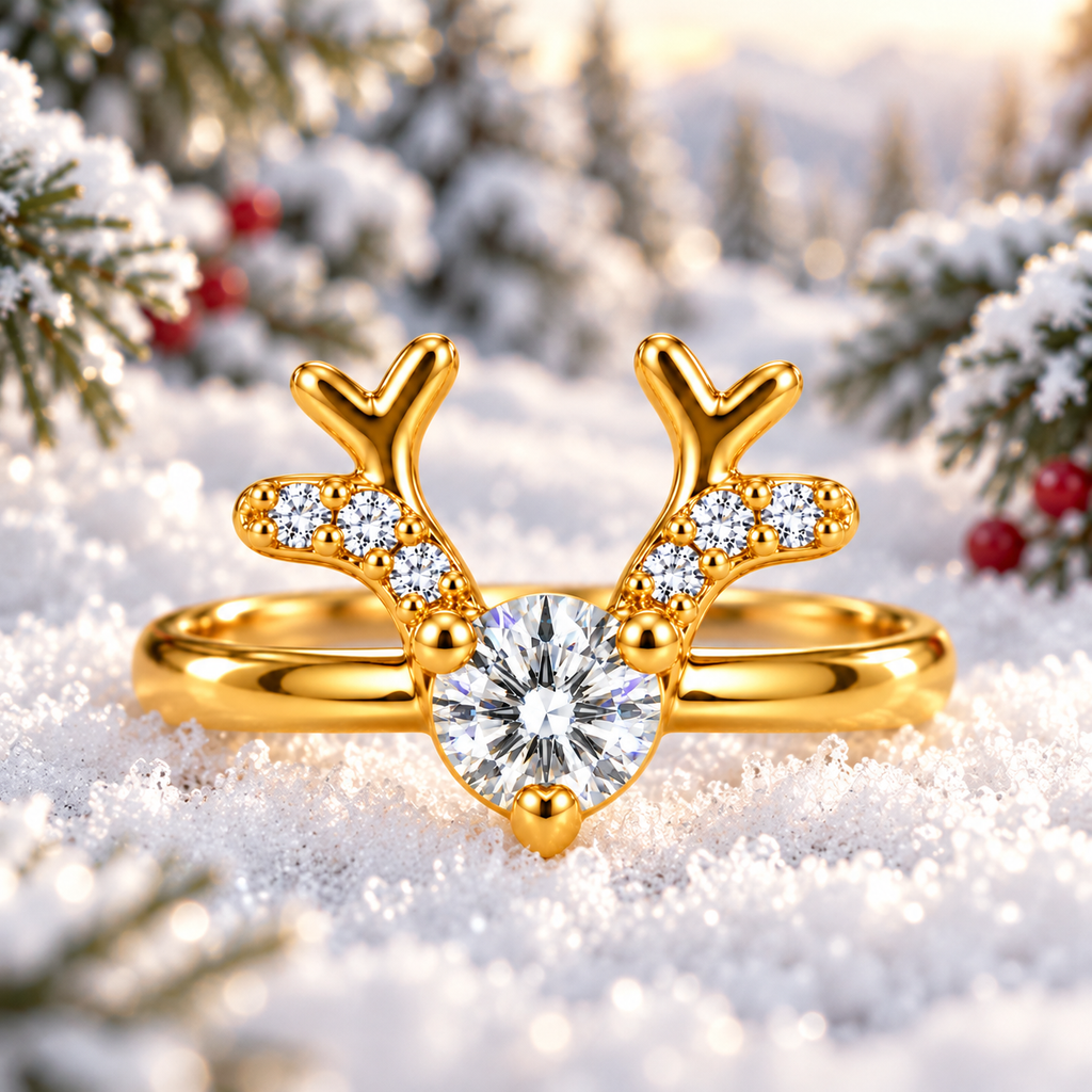 Close-up frontal view of a gold reindeer antler ring with sparkling 4mm round white moissanite, three-prong setting, and CZ accents against snowy pine trees and red berries.