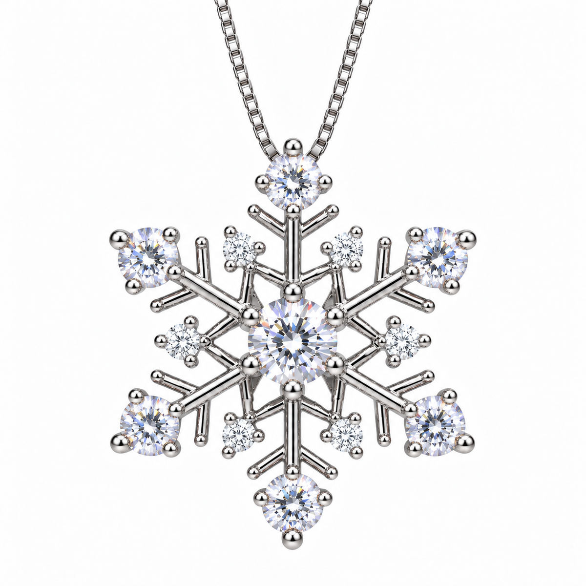 Front view of Phimsera white moissanite snowflake necklace featuring a 4mm round brilliant center stone, six 3mm white moissanite gemstones and six clear white cubic zirconia accents in polished 925 sterling silver on a pure white background.