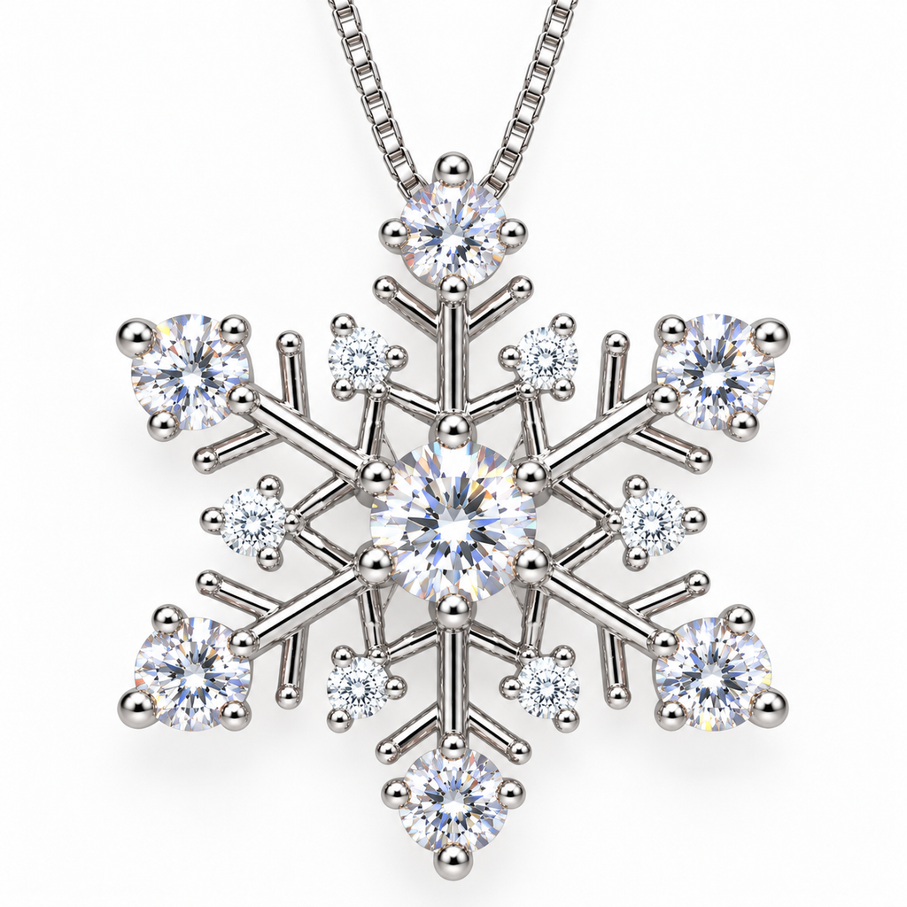 Detailed top-down view of a six-point white moissanite snowflake necklace with a 4mm brilliant center gemstone, six matching 3mm outer moissanite stones and six clear white cubic zirconia accents.