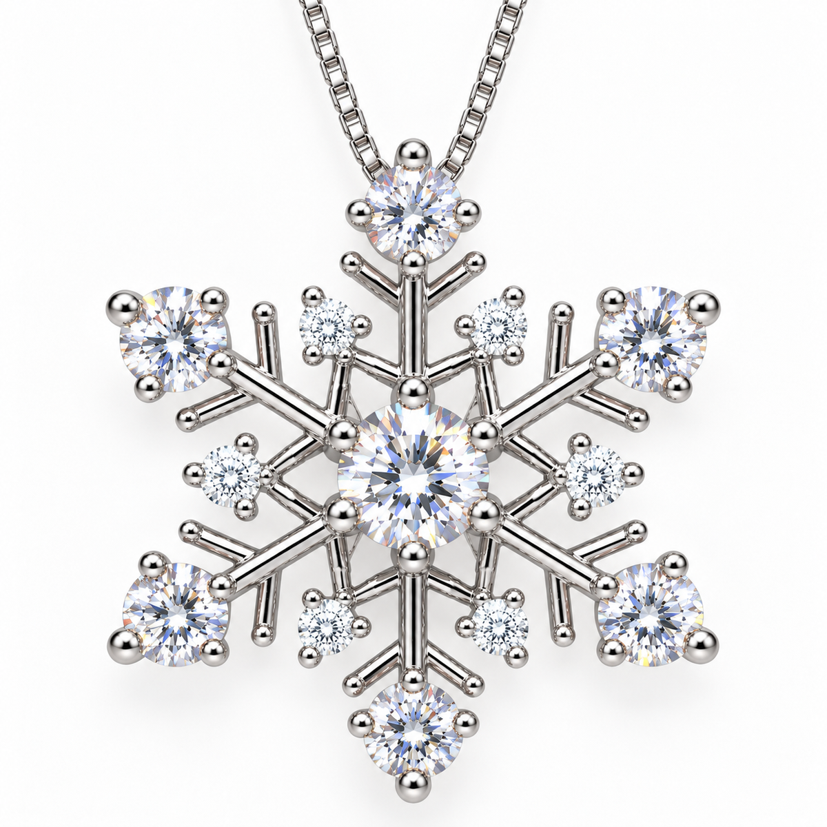 Detailed top-down view of a six-point white moissanite snowflake necklace with a 4mm brilliant center gemstone, six matching 3mm outer moissanite stones and six clear white cubic zirconia accents.