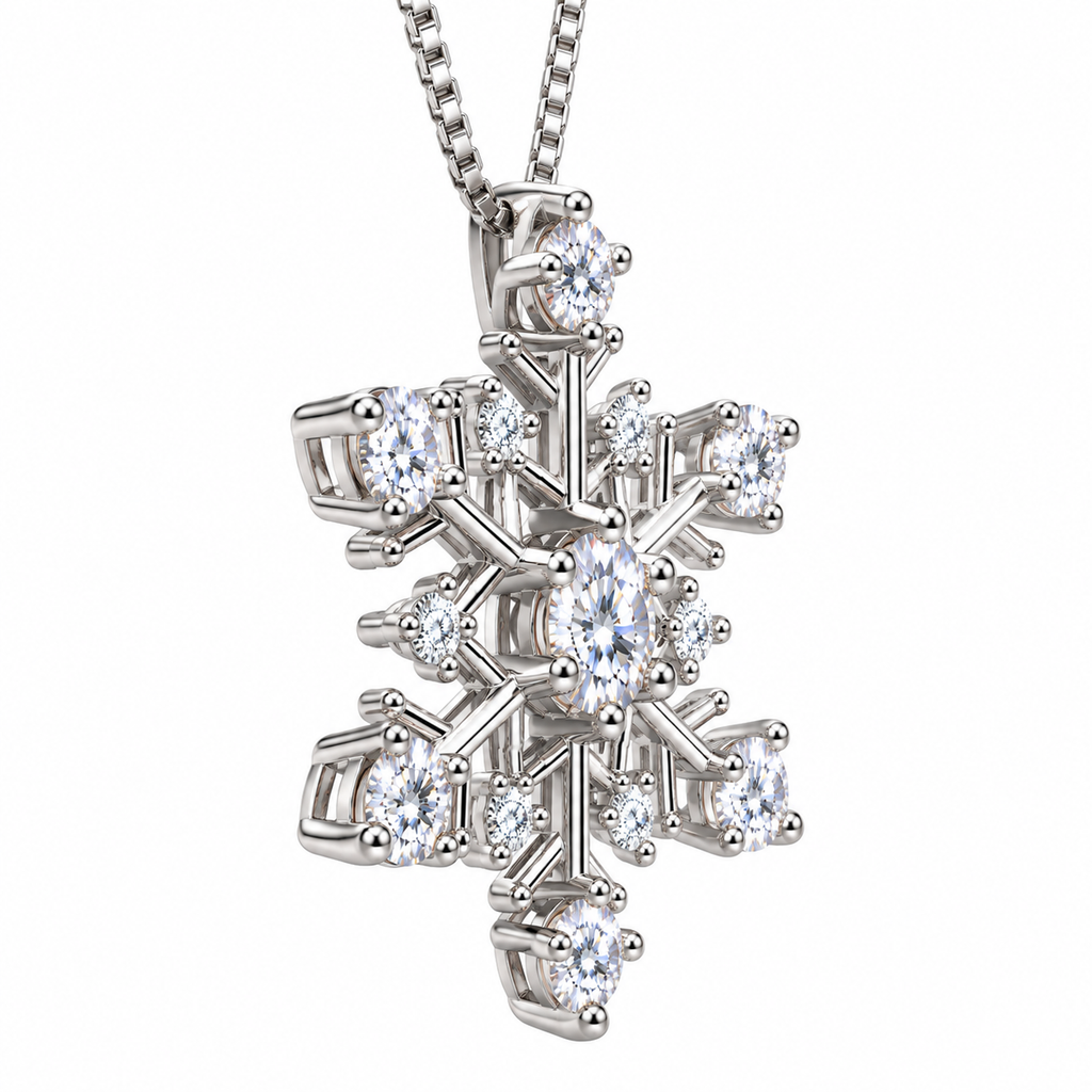 Side profile of a white moissanite snowflake pendant highlighting raised gemstone baskets, polished 925 sterling silver prongs, intricate openwork branches and the delicate silver necklace chain.