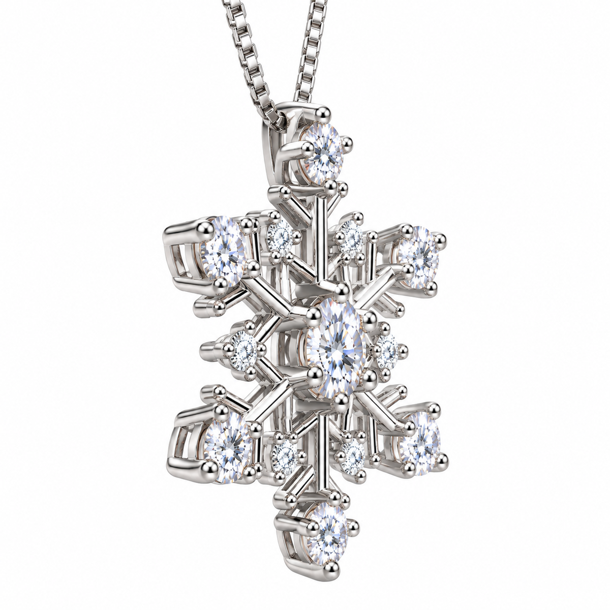 Side profile of a white moissanite snowflake pendant highlighting raised gemstone baskets, polished 925 sterling silver prongs, intricate openwork branches and the delicate silver necklace chain.
