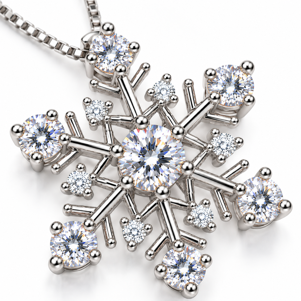 Extreme macro photograph of a white moissanite snowflake pendant showcasing the brilliant 4mm center gemstone, six 3mm outer moissanite stones, six clear CZ accents and intricate polished silver setting.