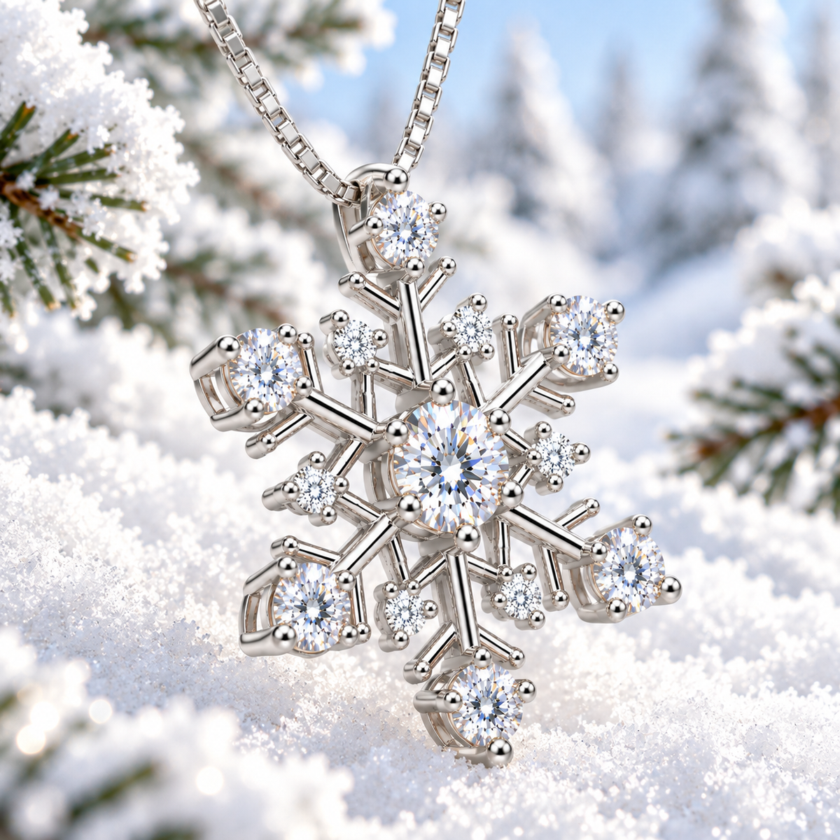 Angled lifestyle photograph of a white moissanite snowflake pendant surrounded by fresh white snow, frosted evergreen branches and soft winter bokeh, highlighting the sparkling gemstones.