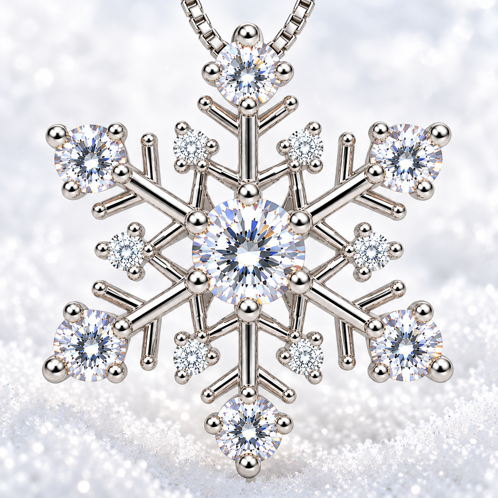 Close-up winter lifestyle photograph of a white moissanite snowflake pendant featuring a brilliant 4mm center gemstone, six matching outer stones and clear CZ accents against sparkling white snow.