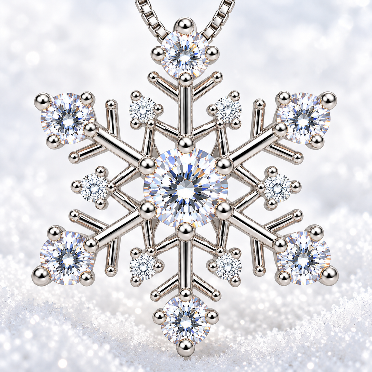 Close-up winter lifestyle photograph of a white moissanite snowflake pendant featuring a brilliant 4mm center gemstone, six matching outer stones and clear CZ accents against sparkling white snow.