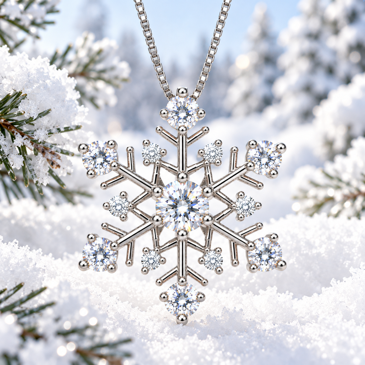 White moissanite snowflake pendant necklace displayed over sparkling pure white snow with softly blurred snow-covered pine trees, showcasing brilliant white gemstones and polished sterling silver.