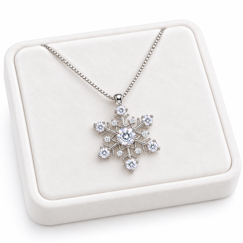 Angled presentation of a white moissanite snowflake necklace on a slightly turned white velvet jewelry tray, showcasing the delicate silver chain, seven brilliant moissanite gemstones and six white CZ accents.