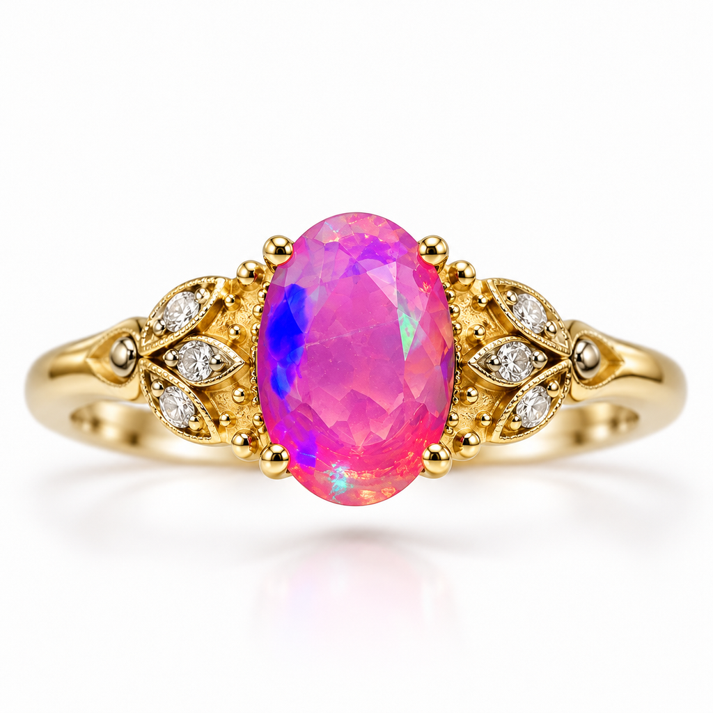5x8mm oval pink fire opal ring in Gold Plated sterling silver with vintage floral leaf detailing and sparkling cubic zirconia accents on a white background.