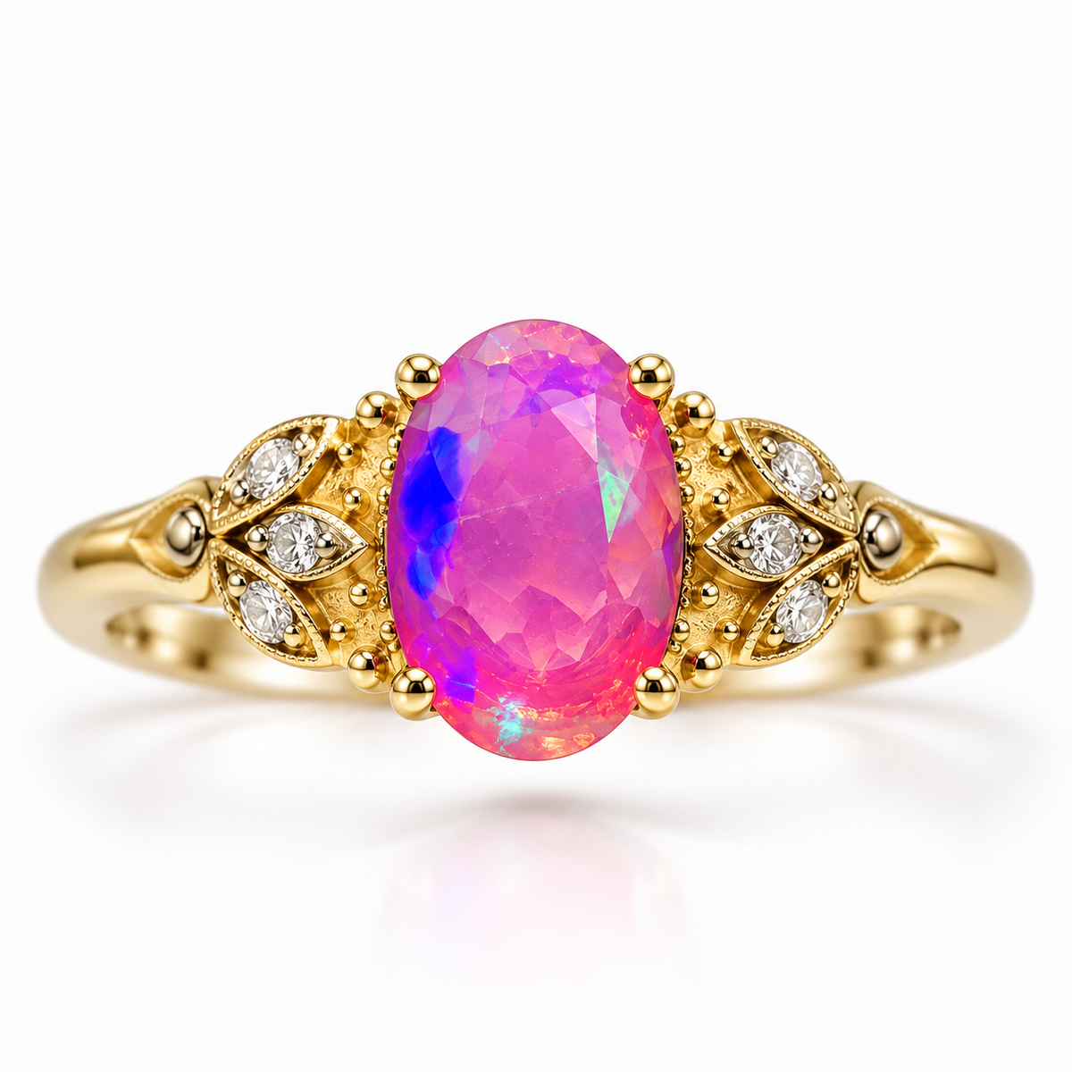 5x8mm oval pink fire opal ring in Gold Plated sterling silver with vintage floral leaf detailing and sparkling cubic zirconia accents on a white background.