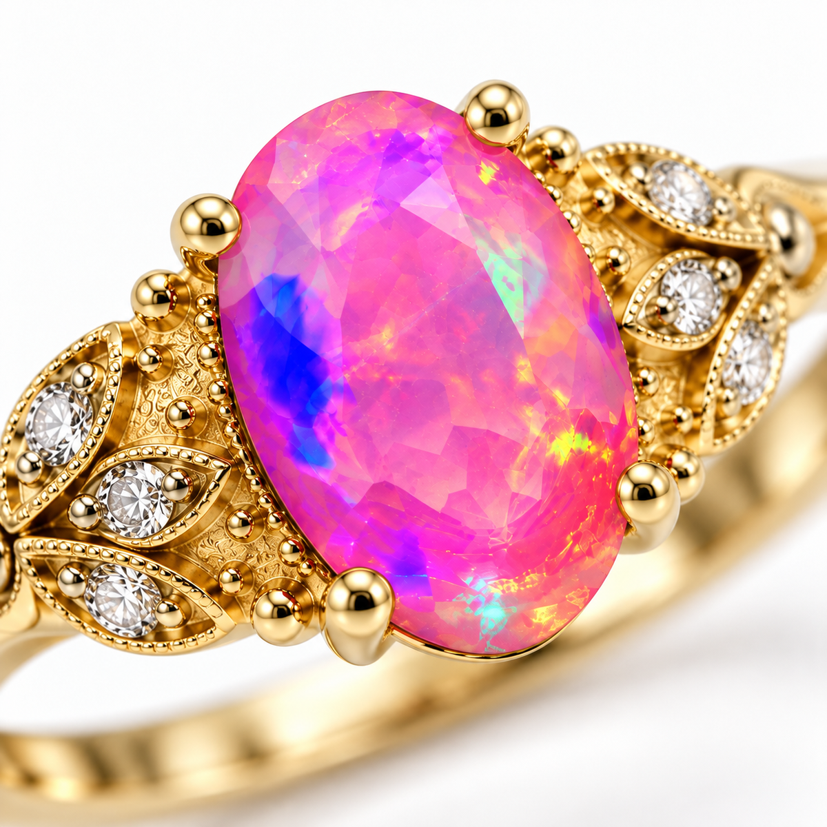 Macro close-up of a 5x8mm pink fire opal gemstone displaying vivid pink, purple, and blue flashes with ornate gold plated leaf detailing and cubic zirconia accents.