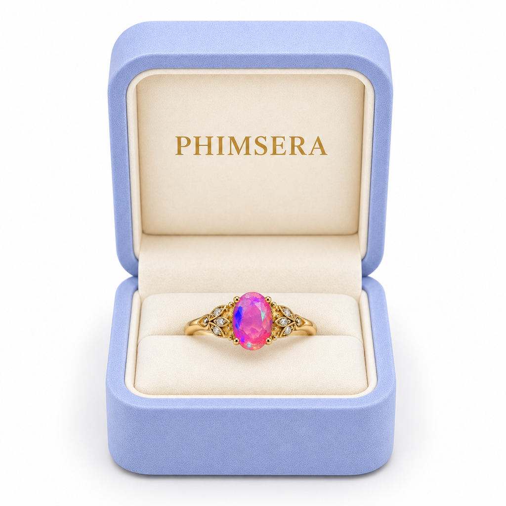 5x8mm pink fire opal ring displayed inside a periwinkle Phimsera jewelry box with cream velvet interior and gold Phimsera lettering.